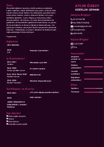 Güzellik Uzmanı Cv Örnekleri  cv indir